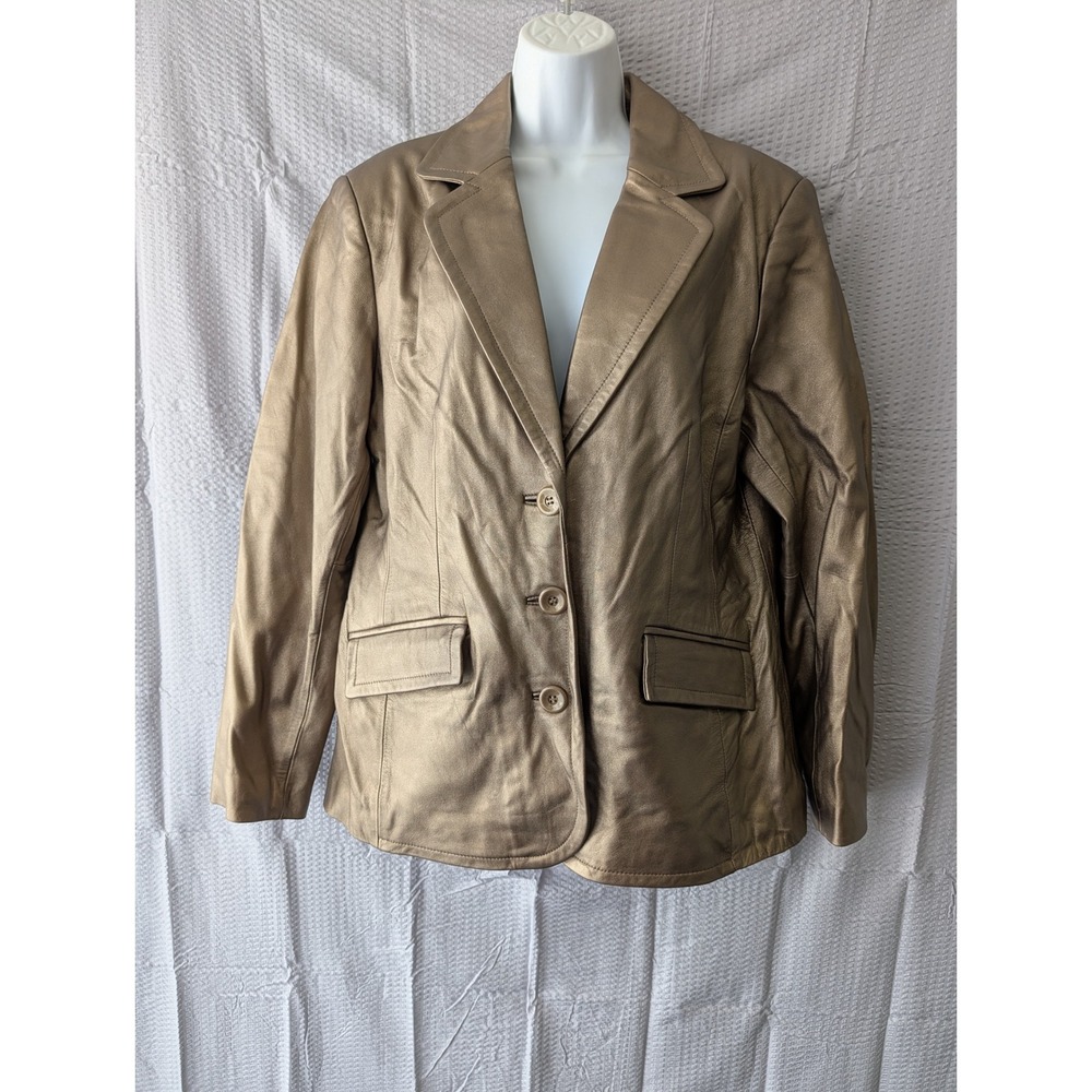 Worthington Womens Metallic Bronze Genuine Lambskin Leather Blazer Jacket Large